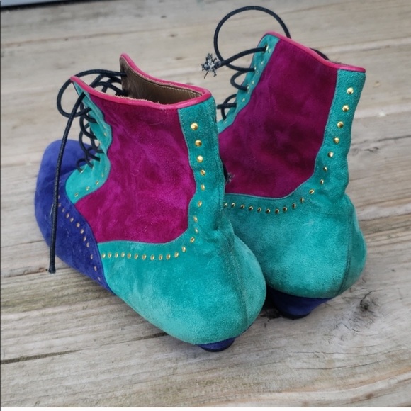 Multicolored Suede Color Block lace Ankle Booties - Picture 8 of 9